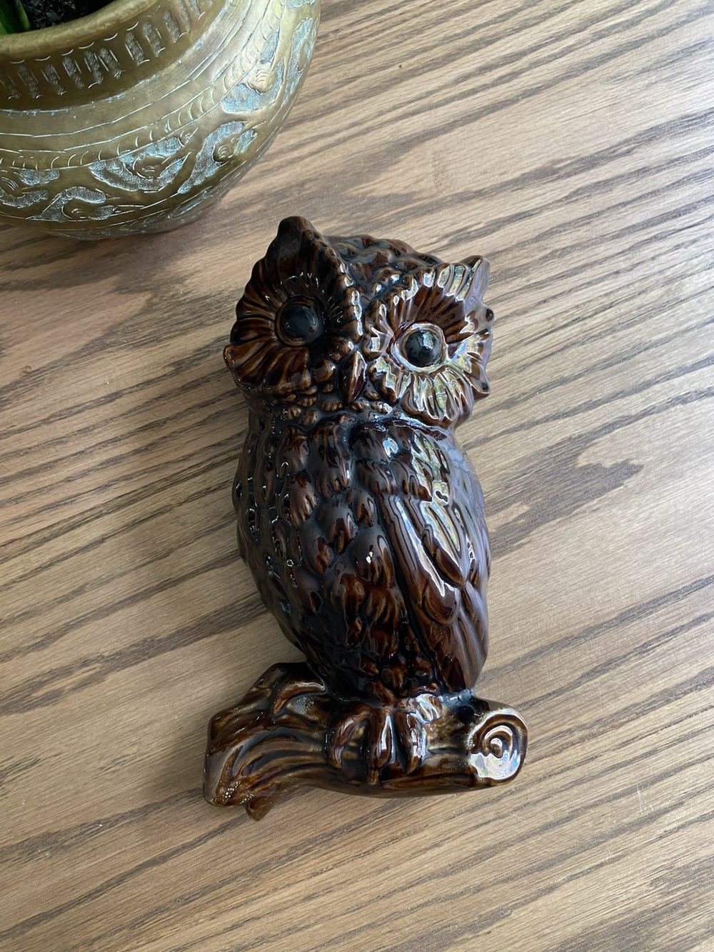 Vintage Midcentury Ceramic Hand Painted Owl Wall Hanger Ceramic Mold Brown Glaze